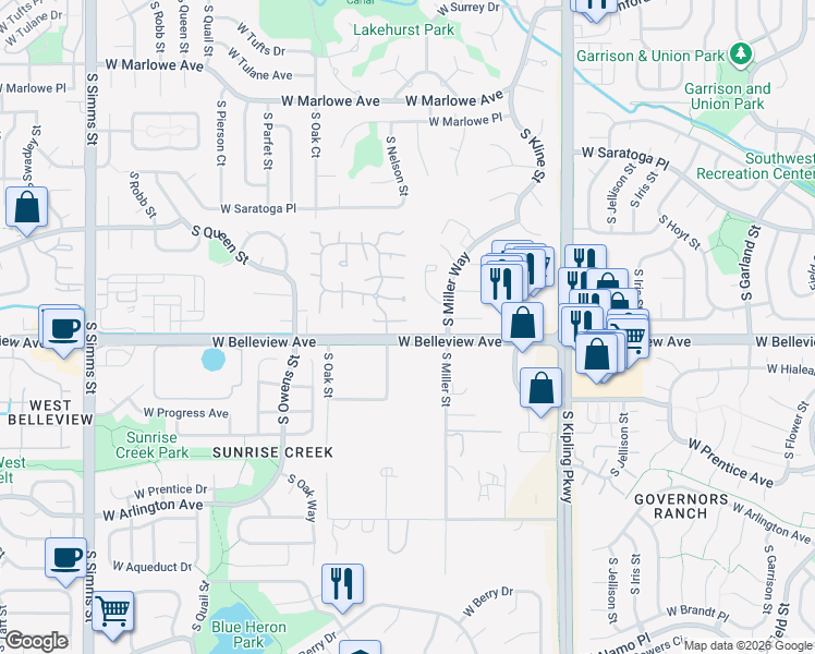 map of restaurants, bars, coffee shops, grocery stores, and more near 5123 South Miller Street in Littleton