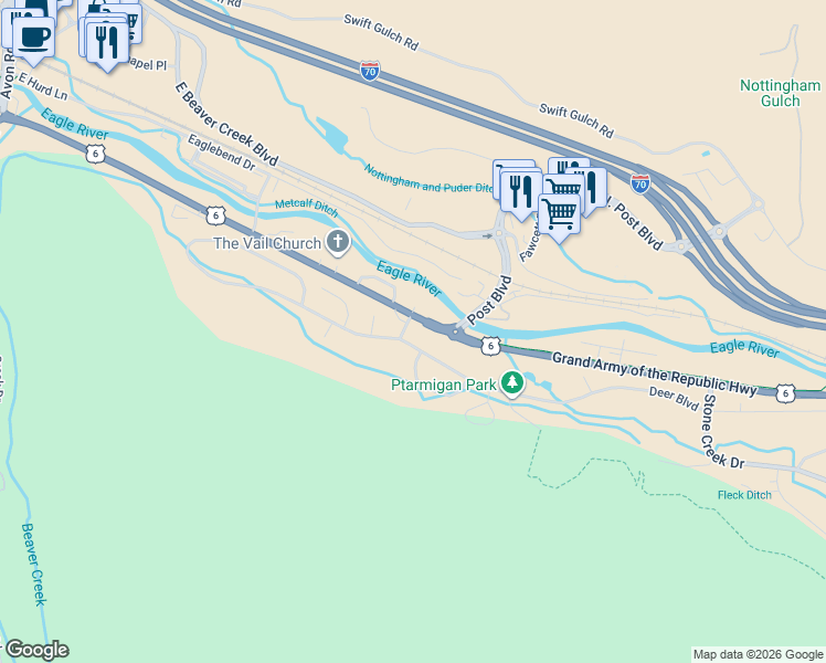 map of restaurants, bars, coffee shops, grocery stores, and more near 877 Deer Boulevard in Avon