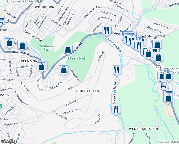 map of restaurants, bars, coffee shops, grocery stores, and more near 702 Park Side Lane in Morgantown
