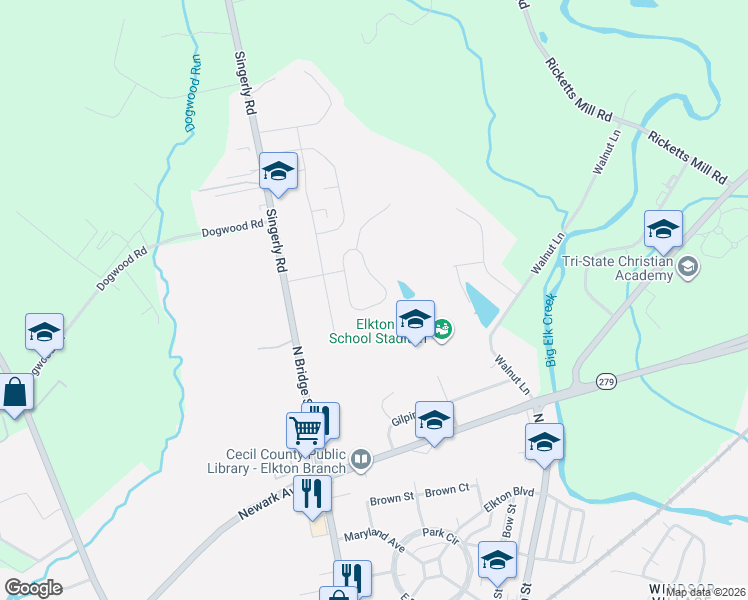 map of restaurants, bars, coffee shops, grocery stores, and more near 20 Jesse Boyd Circle in Elkton
