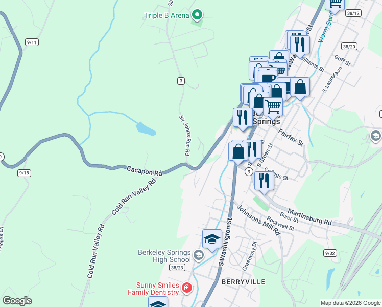 map of restaurants, bars, coffee shops, grocery stores, and more near 551 Cacapon Road in Berkeley Springs