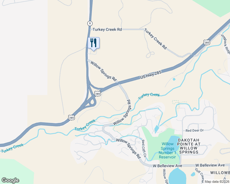map of restaurants, bars, coffee shops, grocery stores, and more near 5015 Willow Springs Road in Morrison