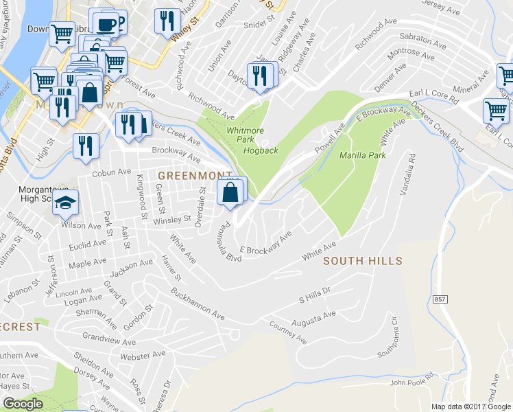 map of restaurants, bars, coffee shops, grocery stores, and more near 3410 Rogers Avenue in Morgantown