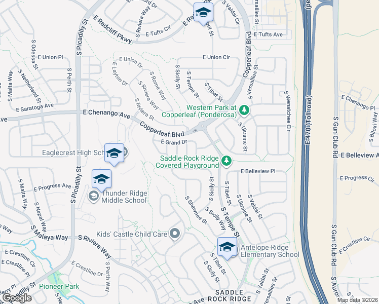 map of restaurants, bars, coffee shops, grocery stores, and more near 22232 East Bellewood Place in Aurora