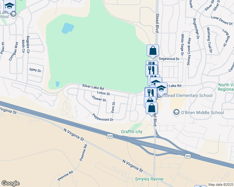 map of restaurants, bars, coffee shops, grocery stores, and more near 6535 Lotus Street in Reno