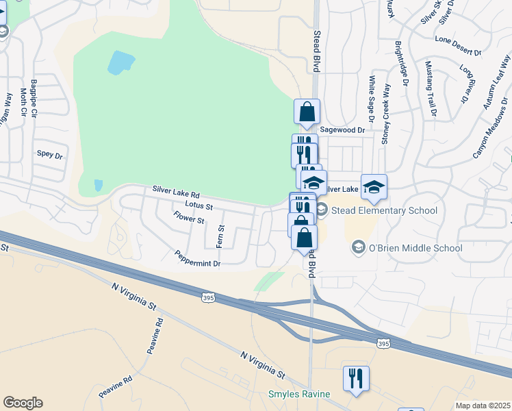 map of restaurants, bars, coffee shops, grocery stores, and more near 6399 Silver Lake Road in Reno