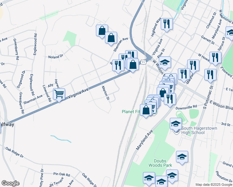 map of restaurants, bars, coffee shops, grocery stores, and more near 1110 Moller Avenue in Hagerstown