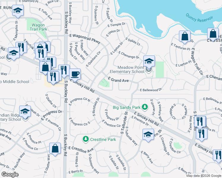 map of restaurants, bars, coffee shops, grocery stores, and more near 17460 East Bellewood Circle in Aurora