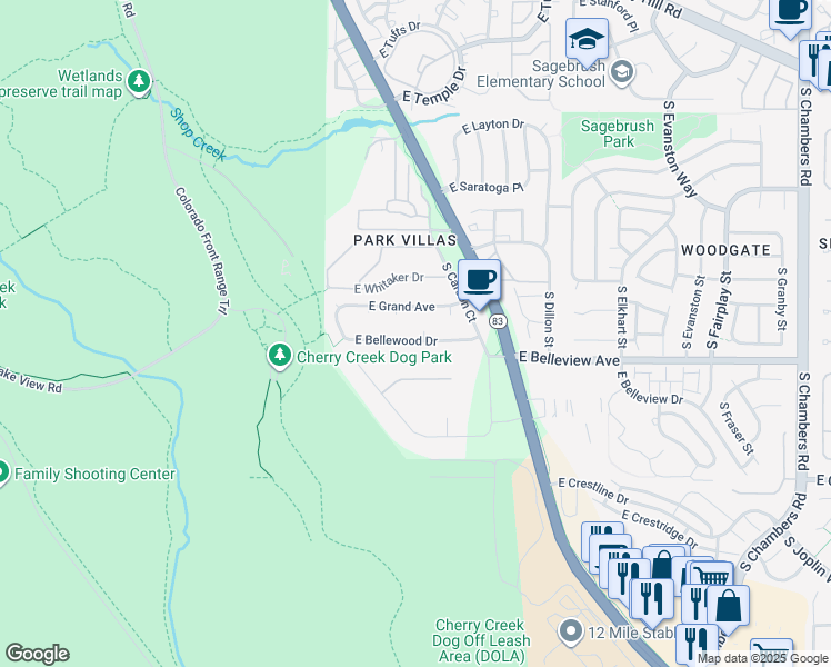 map of restaurants, bars, coffee shops, grocery stores, and more near 13976 East Bellewood Drive in Aurora