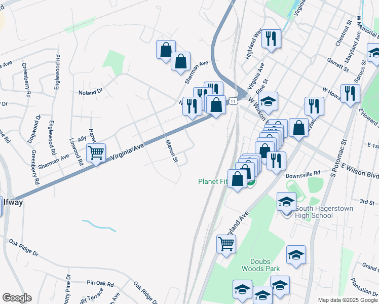 map of restaurants, bars, coffee shops, grocery stores, and more near 1110 Moller Avenue in Hagerstown