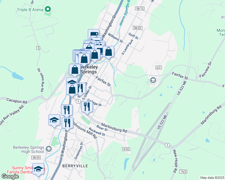 map of restaurants, bars, coffee shops, grocery stores, and more near 378 Fairfax Street in Berkeley Springs
