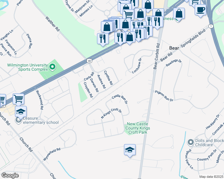map of restaurants, bars, coffee shops, grocery stores, and more near 10 East Clairmont Drive in Newark