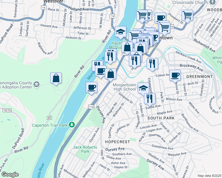 map of restaurants, bars, coffee shops, grocery stores, and more near in Morgantown