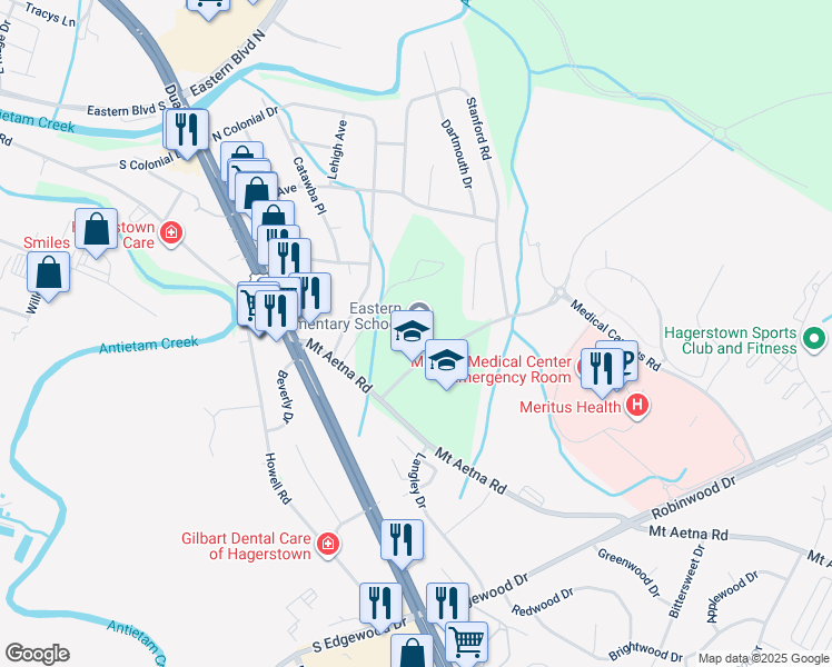 map of restaurants, bars, coffee shops, grocery stores, and more near 1320 Yale Drive in Hagerstown