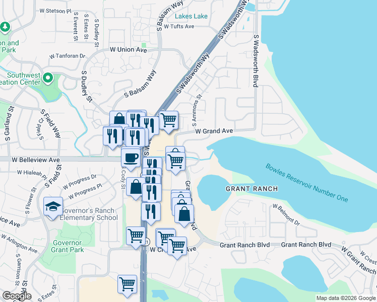 map of restaurants, bars, coffee shops, grocery stores, and more near 5085 South Allison Way in Littleton