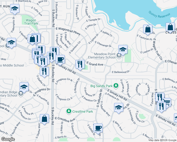 map of restaurants, bars, coffee shops, grocery stores, and more near 17460 East Bellewood Circle in Aurora