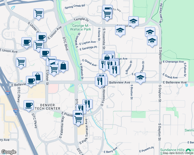 map of restaurants, bars, coffee shops, grocery stores, and more near 9398 South Xenia Street in Denver