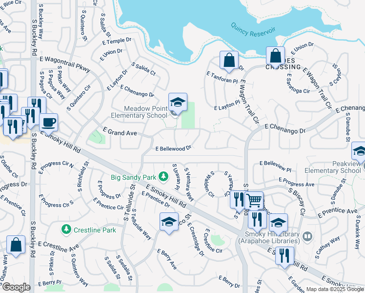 map of restaurants, bars, coffee shops, grocery stores, and more near 18019 East Bellewood Drive in Aurora