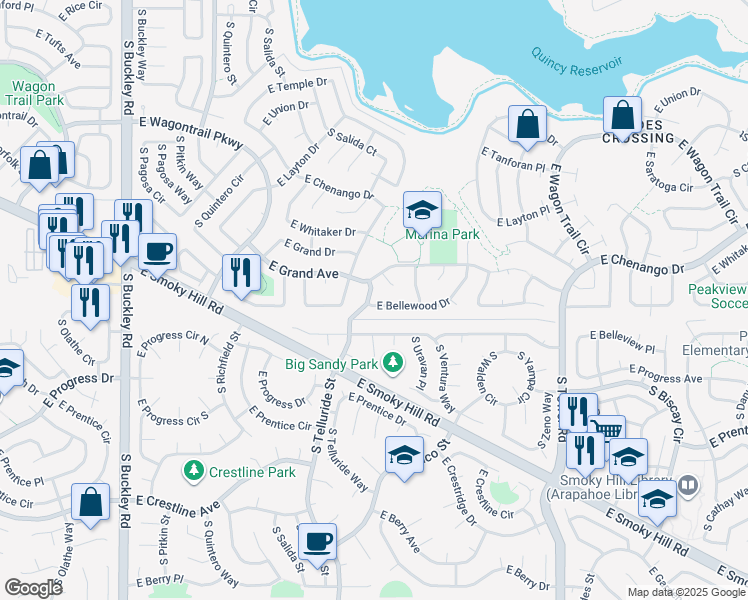 map of restaurants, bars, coffee shops, grocery stores, and more near 17703 East Bellewood Drive in Aurora