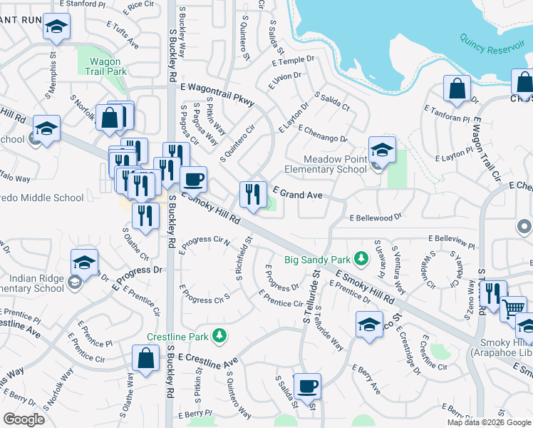 map of restaurants, bars, coffee shops, grocery stores, and more near 17432 East Grand Avenue in Aurora