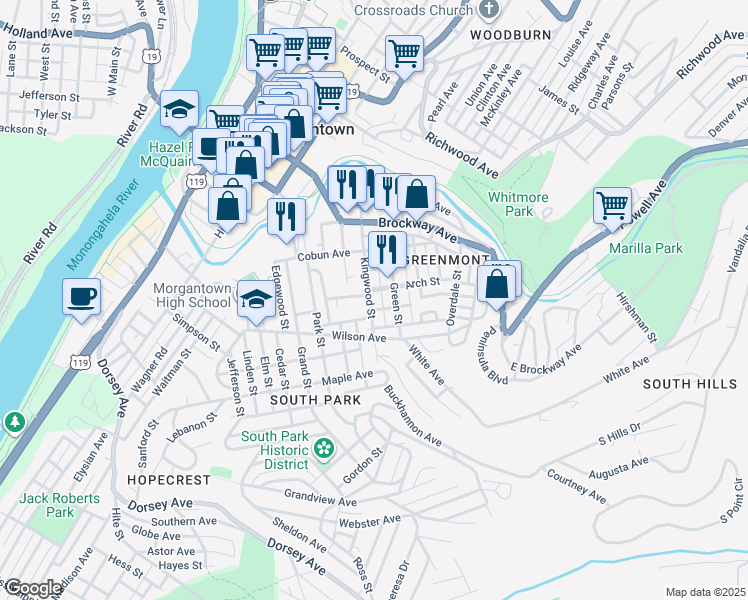map of restaurants, bars, coffee shops, grocery stores, and more near 313 Kingwood Street in Morgantown