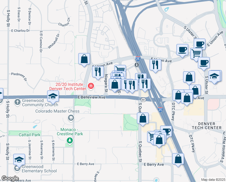 map of restaurants, bars, coffee shops, grocery stores, and more near 6750 East Chenango Avenue in Denver