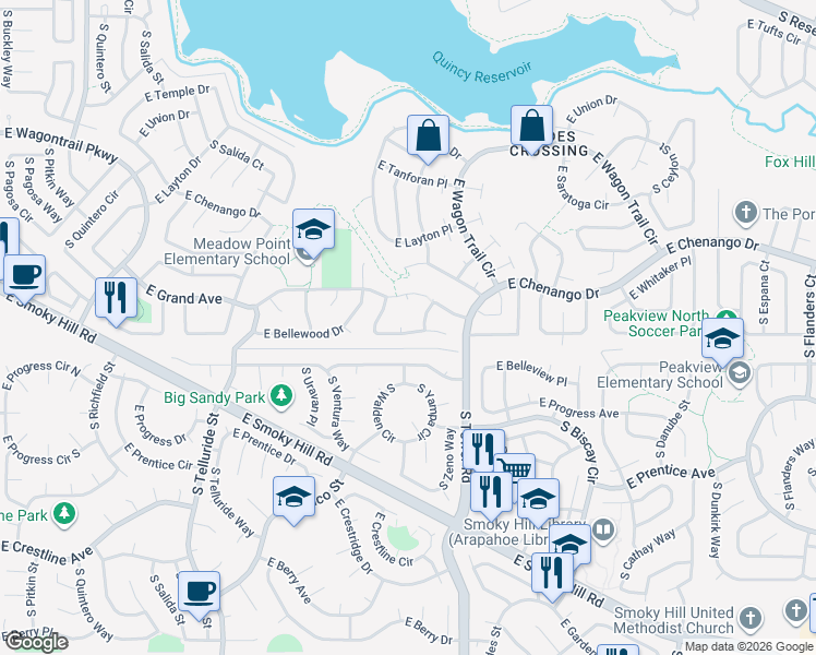 map of restaurants, bars, coffee shops, grocery stores, and more near 18220 East Grand Avenue in Aurora
