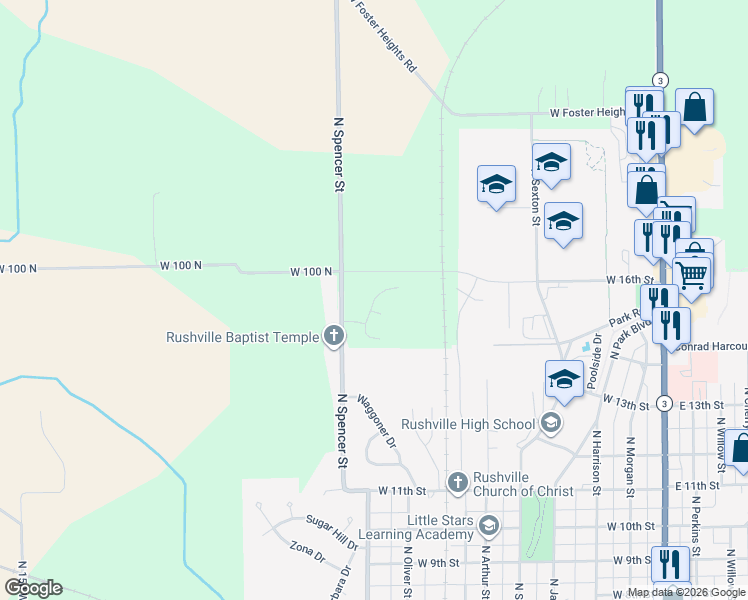map of restaurants, bars, coffee shops, grocery stores, and more near 1544 North Spencer Street in Rushville