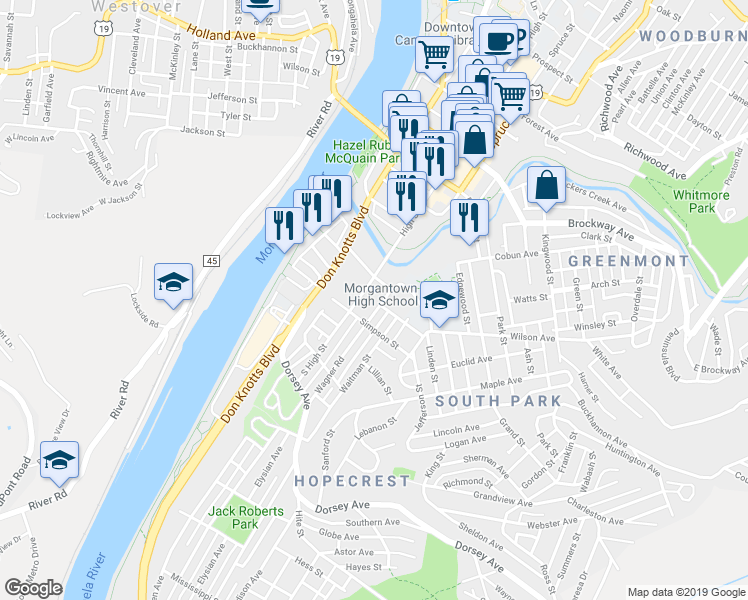 map of restaurants, bars, coffee shops, grocery stores, and more near 128 Wagner Road in Morgantown