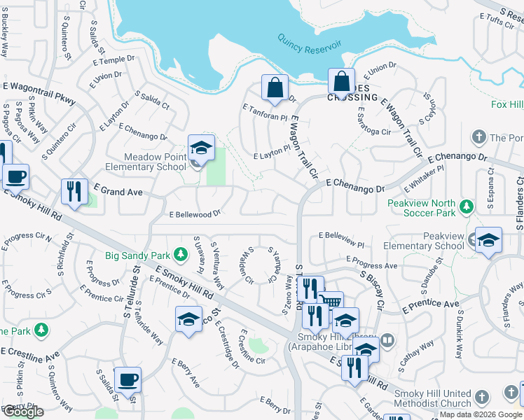map of restaurants, bars, coffee shops, grocery stores, and more near 18220 East Grand Avenue in Aurora