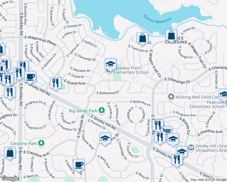 map of restaurants, bars, coffee shops, grocery stores, and more near 5018 South Ventura Court in Aurora