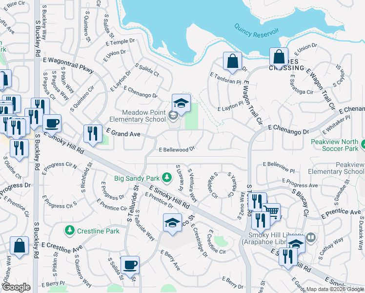 map of restaurants, bars, coffee shops, grocery stores, and more near 5018 South Ventura Court in Aurora