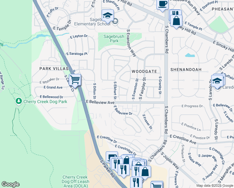 map of restaurants, bars, coffee shops, grocery stores, and more near 5063A South Elkhart Way in Aurora
