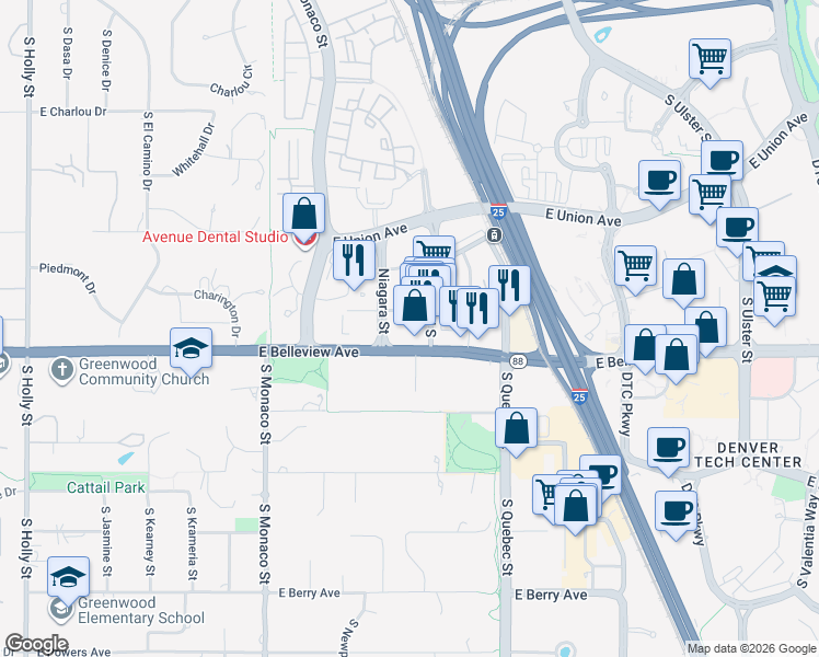 map of restaurants, bars, coffee shops, grocery stores, and more near 6785 East Chenango Avenue in Denver