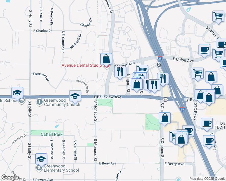 map of restaurants, bars, coffee shops, grocery stores, and more near 5092 South Monaco Street in Denver