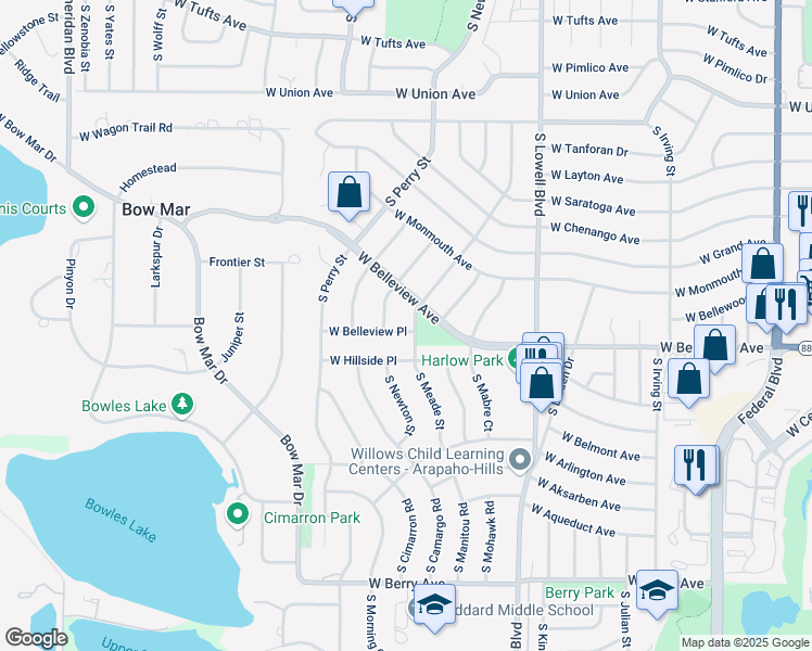map of restaurants, bars, coffee shops, grocery stores, and more near 5112 South Newton Street in Littleton