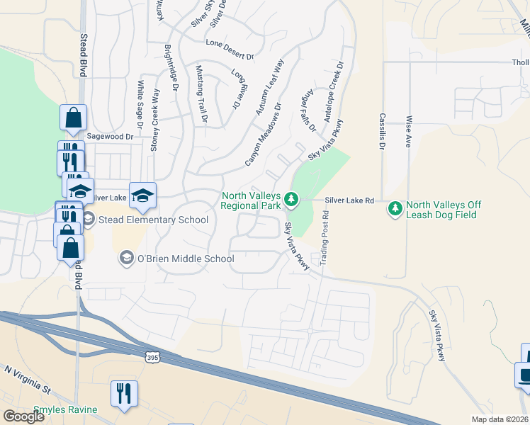 map of restaurants, bars, coffee shops, grocery stores, and more near 32G Sky Vista Parkway in Reno