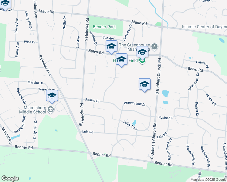 map of restaurants, bars, coffee shops, grocery stores, and more near 1117 Dunaway Street in Miamisburg