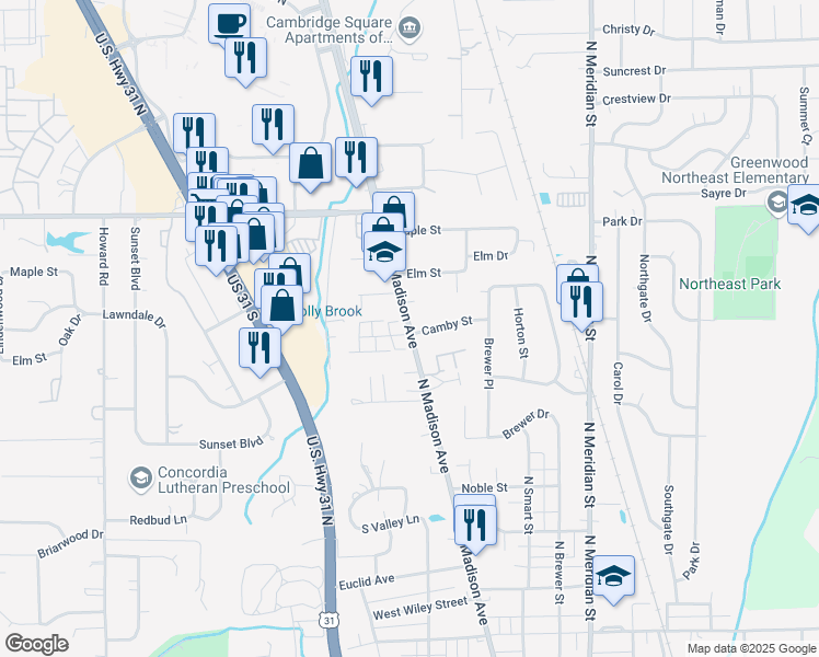map of restaurants, bars, coffee shops, grocery stores, and more near 801 North Madison Avenue in Greenwood