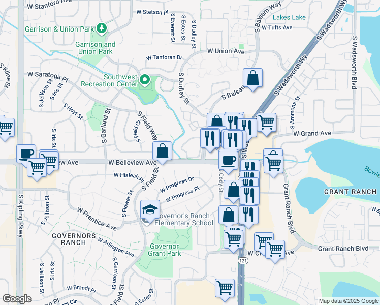map of restaurants, bars, coffee shops, grocery stores, and more near 8801 West Belleview Avenue in Littleton
