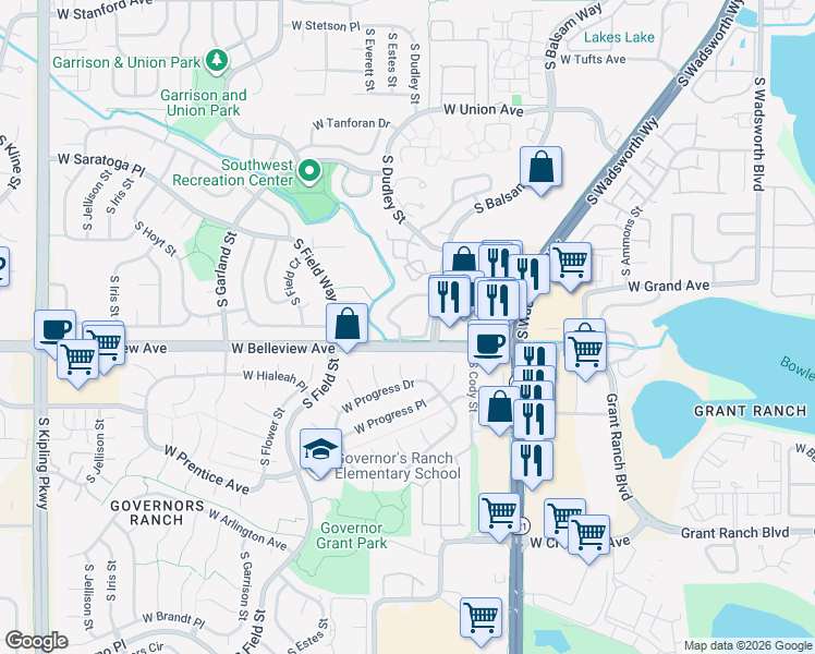 map of restaurants, bars, coffee shops, grocery stores, and more near 8801 West Belleview Avenue in Littleton