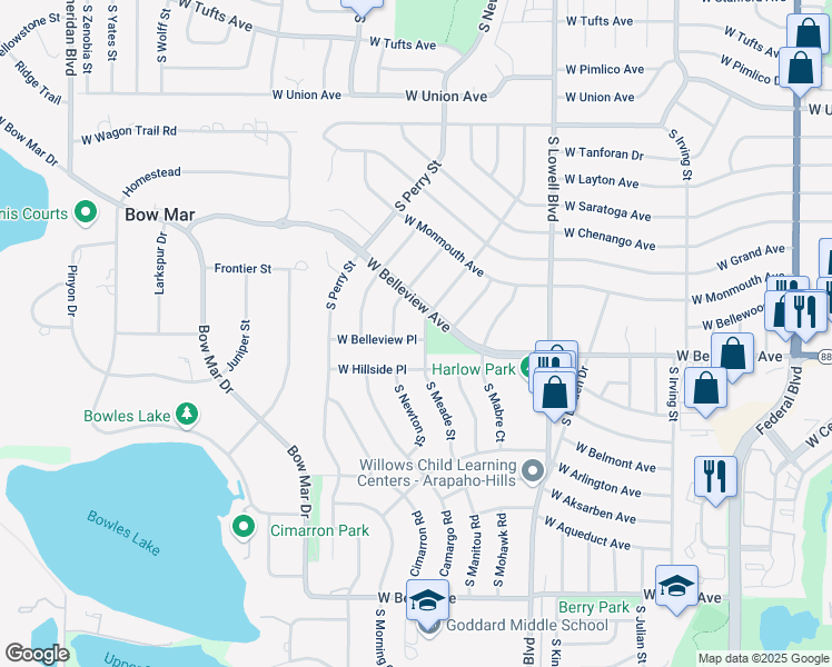 map of restaurants, bars, coffee shops, grocery stores, and more near 5112 South Newton Street in Littleton