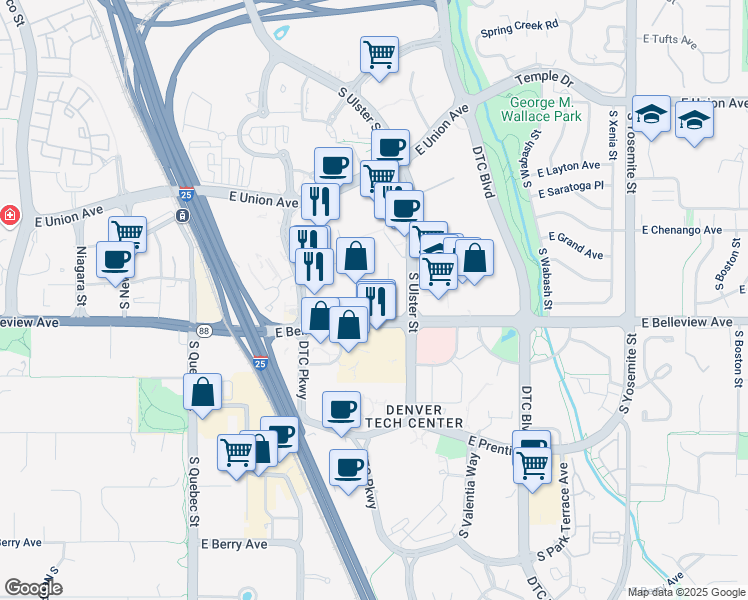 map of restaurants, bars, coffee shops, grocery stores, and more near 7901 East Belleview Avenue in Greenwood Village