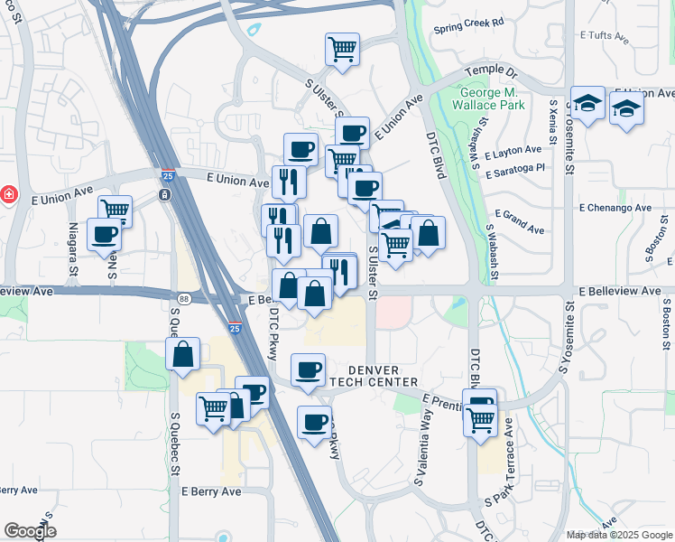 map of restaurants, bars, coffee shops, grocery stores, and more near 7901 East Belleview Avenue in Denver