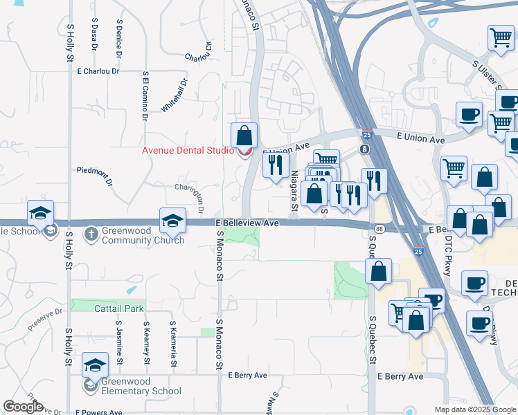 map of restaurants, bars, coffee shops, grocery stores, and more near 6501 East Belleview Avenue in Englewood
