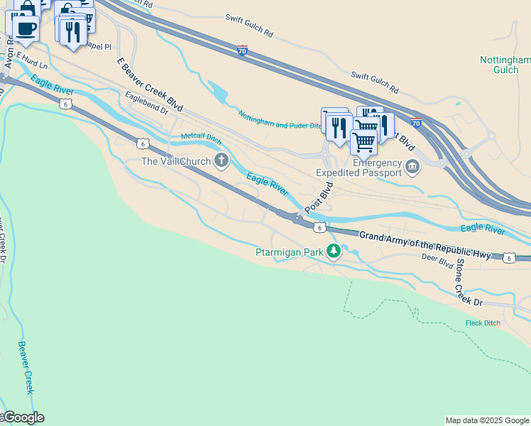 map of restaurants, bars, coffee shops, grocery stores, and more near 1 Eagle-Vail Road in Avon