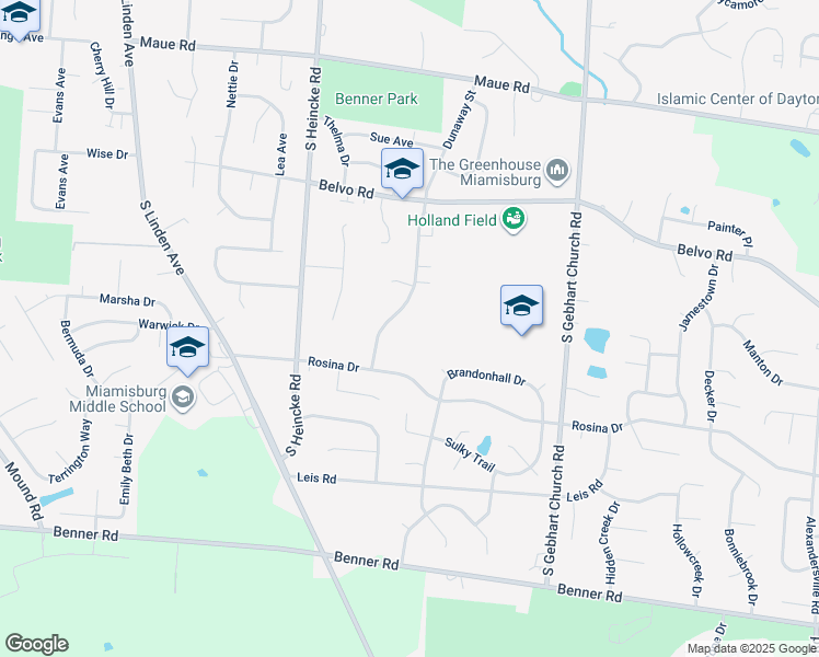 map of restaurants, bars, coffee shops, grocery stores, and more near 1120 Dunaway Street in Miamisburg