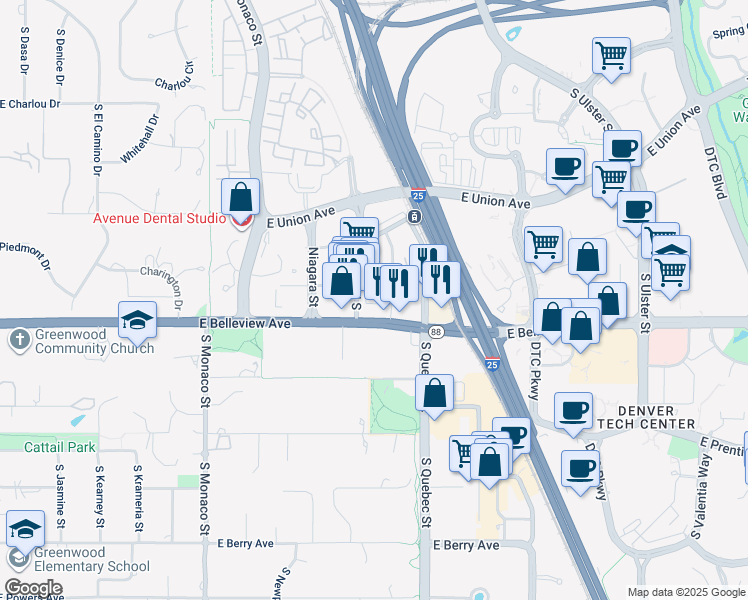 map of restaurants, bars, coffee shops, grocery stores, and more near 6951 East Belleview Avenue in Denver