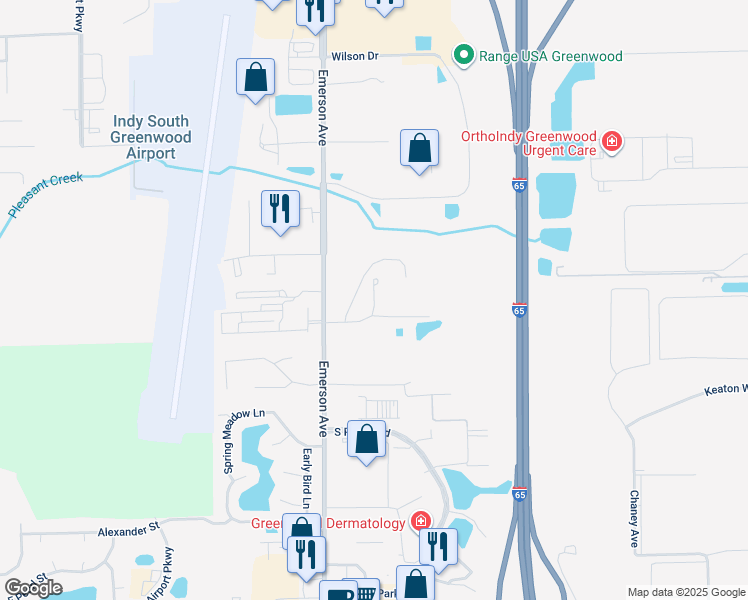 map of restaurants, bars, coffee shops, grocery stores, and more near Holey Moley Way in Greenwood