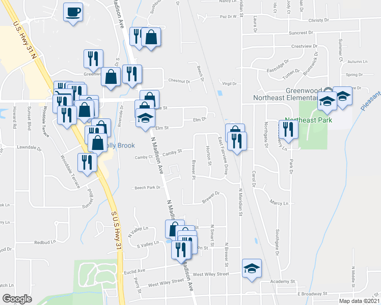 map of restaurants, bars, coffee shops, grocery stores, and more near 620 Brewer Place in Greenwood